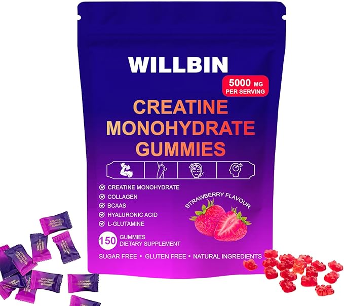 Creatine Gummies - Strawberry Flavor | 5000mg Creatine Monohydrate per Serving | Vegan-Friendly Pre-Workout Energy Support for Muscle Growth &amp Strength (150)