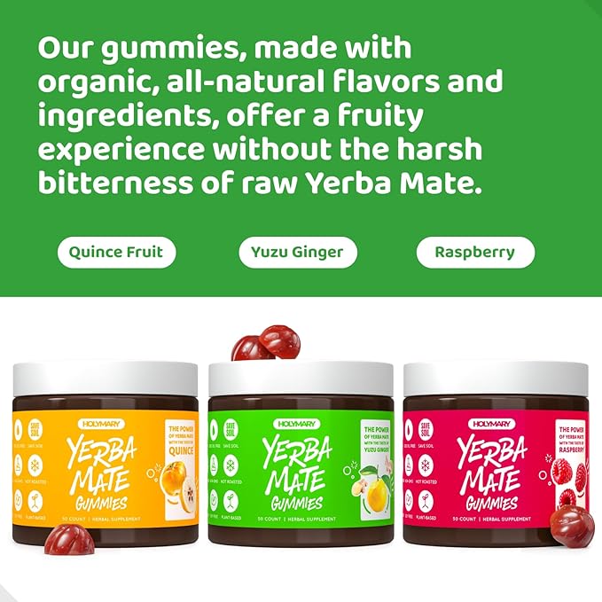 HOLYMARY Yerba Mate Gummies Quince - Made with Organic Unroasted Yerba Mate. Free from Added Caffeine. Vegan Non-GMO Gluten-Free Kosher. 50 Delicious Supplement Gummies