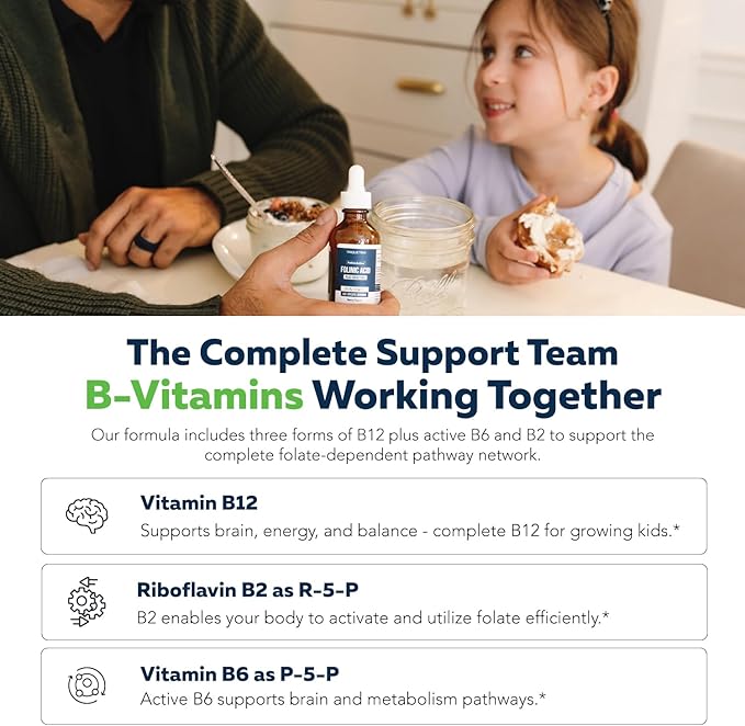 Organic FolinicActive Kids - Folinic Acid + B12 B6 &amp B2 Cofactors - Gentle Methylation Support for Mood Energy &amp Cognition Age Adjustable Dosing for Kids 1-18 Non GMO Vegan Berry Flavor