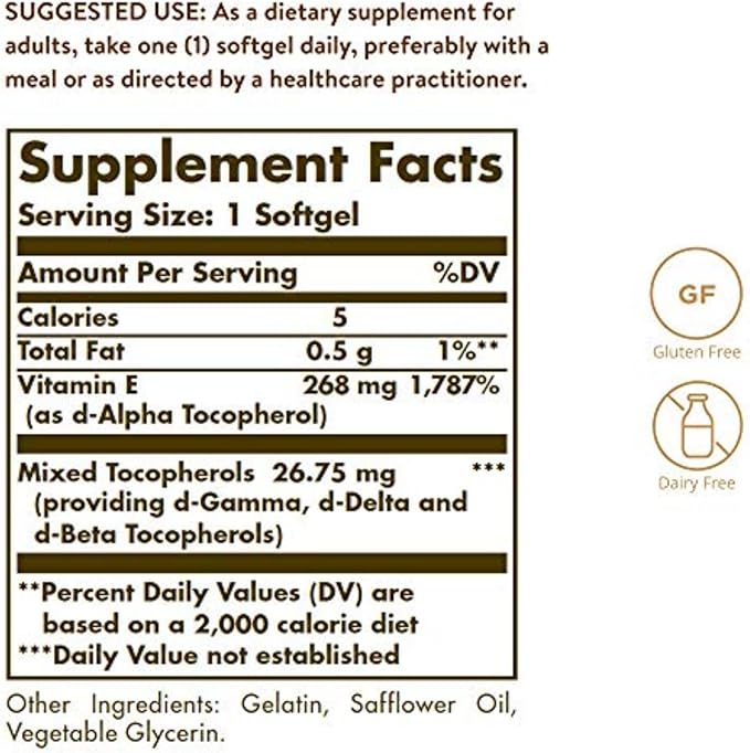 Solgar Vitamin E 268 mg (400 IU) 250 Mixed Softgels - Natural Antioxidant Skin &amp Immune System Support - Naturally-Sourced Vitamin E - Gluten Free Dairy Free - 250 Servings