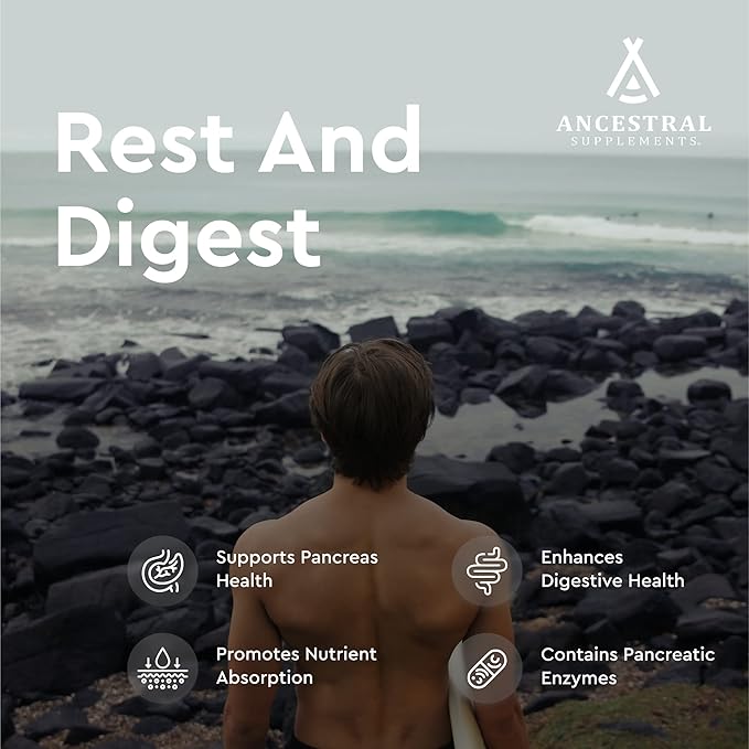 Ancestral Supplements Grass Fed Beef Pancreas Supplement 500mg Pancreatic Support with Proteolytic Digestive Enzymes for Digestion Support Including Trypsin Non GMO 180 Capsules