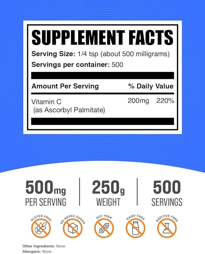 BulkSupplements.com Ascorbyl Palmitate Powder - Vitamin C Ester Vitamin C Supplement - Gluten Free 500mg per Serving 250g (8.8 oz) (Pack of 1)
