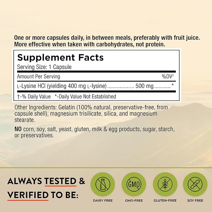 Mt. Angel Vitamins - Premium L-Lysine 500mg Capsules – Vegan-Friendly Essential Amino Acid – Supports Immune System &amp Collagen Formation – Non-GMO – 60 Capsules (Pack of 2)