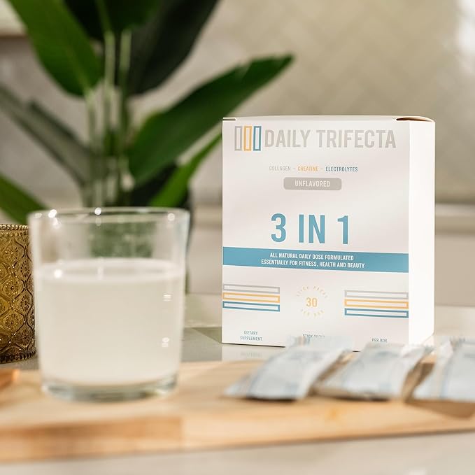 DAILY TRIFECTA 3-in-1 Collagen Creatine &amp Electrolyte Stick Packs | Type I Collagen Creatine Monohydrate Zero Sugar | 30 Natural Single-Serve Packets | Strength Hydration &amp Recovery (Unfla