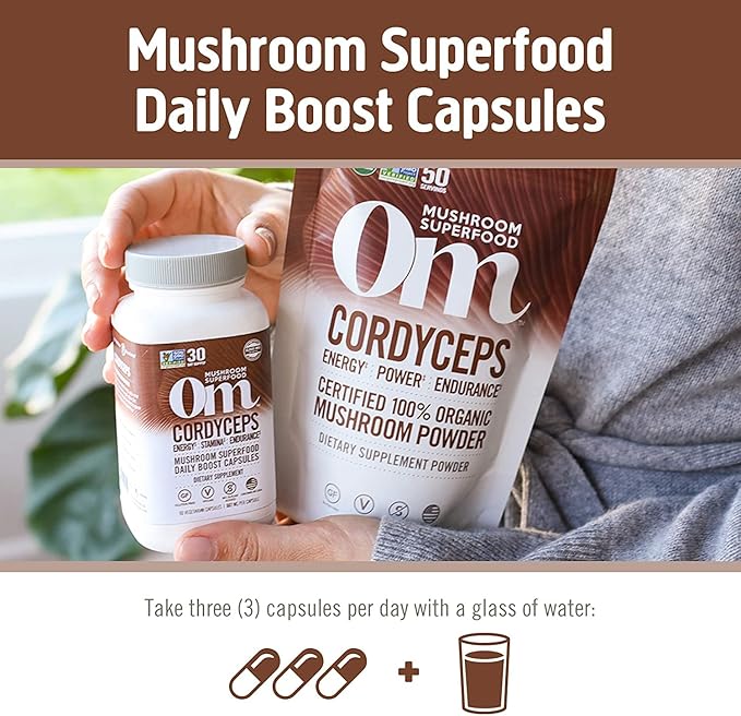 OM MUSHROOM SUPERFOOD Cordyceps Mushroom Capsules Superfood Supplement 90 Count 30 Days Organic Energy Supplement for Stamina and Endurance