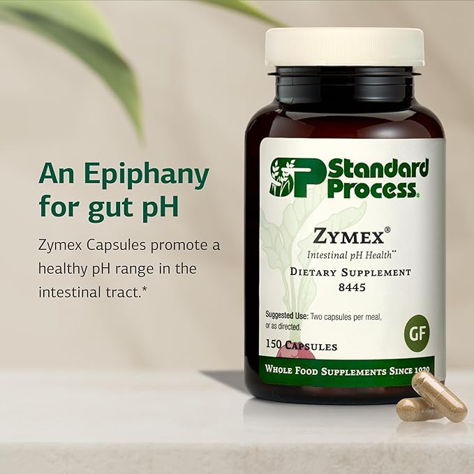 Standard Process Zymex Capsules - Digestive Health Support - Supports Intestinal Health &amp Balanced pH - Gut Health Supplement with Rice Bran Spanish Moss Carrots &amp Beets - Non-Dairy - 150 Ca