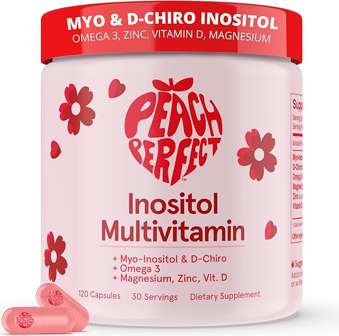 Peach Perfect Inositol Multivitamin – Myo-Inositol &amp D-Chiro 40:1 Blend Omega-3 Vitamin D3 Magnesium Zinc – Supports Women’s Health Mood Energy Supplement – 30 SVG