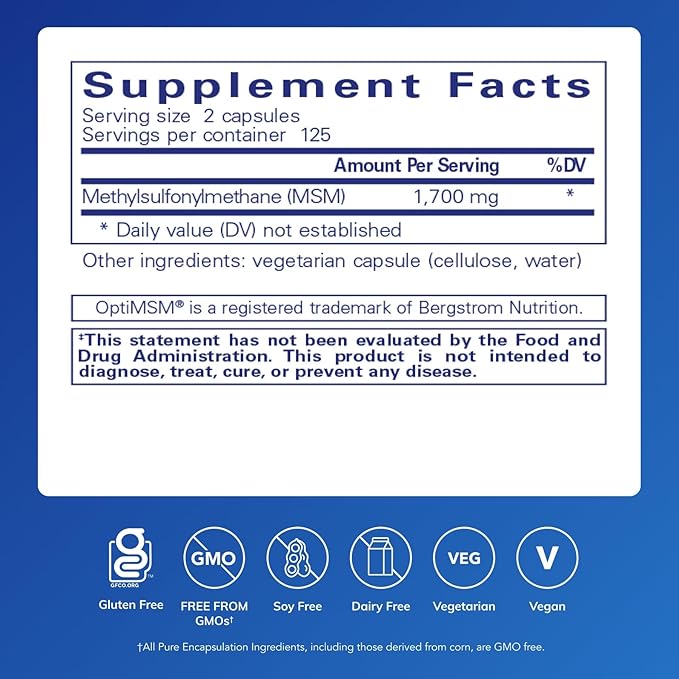 Pure Encapsulations MSM Capsules | Sulfur Supplement to Support Joints Immune System Connective Tissue and Respiratory Health* | 250 Capsules