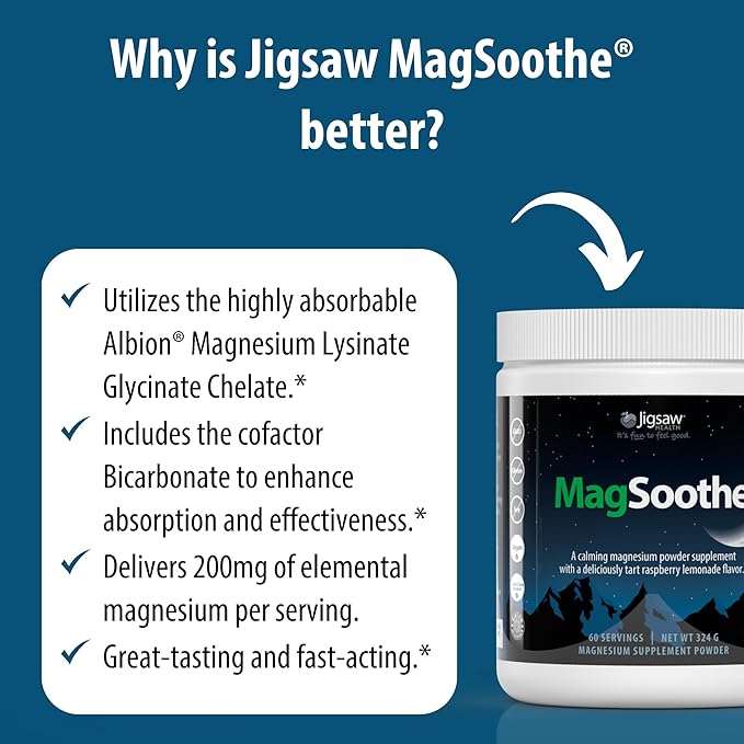 Jigsaw Health MagSoothe | Fast-Acting Calming Magnesium Glycinate Powder Supplement | Raspberry Lemonade Flavor | 60 Servings (Jar)