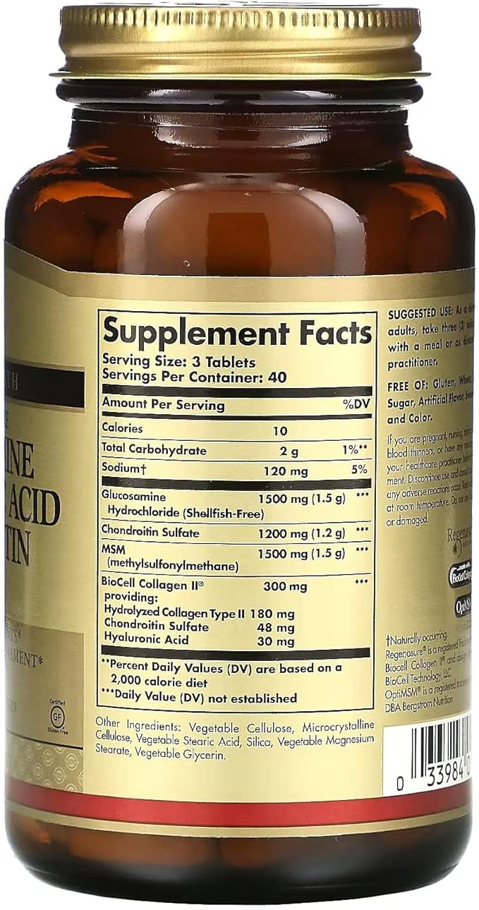 Solgar Glucosamine Hyaluronic Acid Chondroitin MSM 120 Tablets - Supports Healthy Joints - Supports Range of Motion &amp Flexibility - Extra Strength Shellfish Free - Non-GMO Gluten Free - 40 Serv