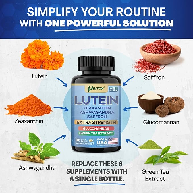 Lutein Supplement with Zeaxanthin Ashwagandha Saffron Green Tea Extract Glucomannan Eye Vitamins for Adults Vision Health Supplement Plant-Based Formula for Daily Support (2 Pack)