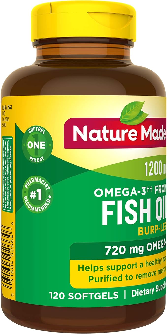 Burp-Less Fish Oil 1200 mg One Per Day 120 Softgels Fish Oil Omega 3 Supplement For Heart Health