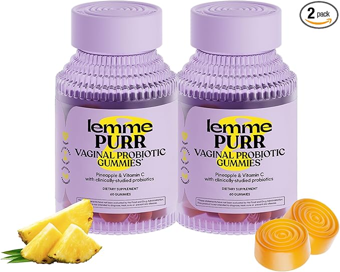 Lemme Purr Vaginal Probiotic Gummies for Women - Balanced pH Healthy Odor Yeast Balance &amp Flora Support + Vitamin C for Immune Health - Tasty Pineapple (60 Count) (Pack of 2)