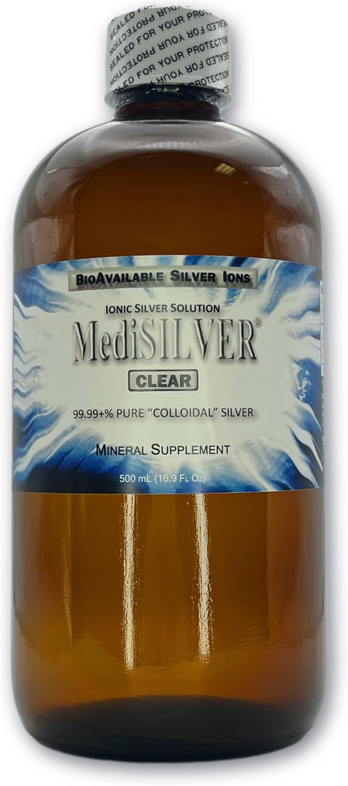 MediSILVER Clear True Free Ionic Colloidal Silver Dietary Supplement - 500 mL (16.9 Fl Oz) in Amber Glass Bottle