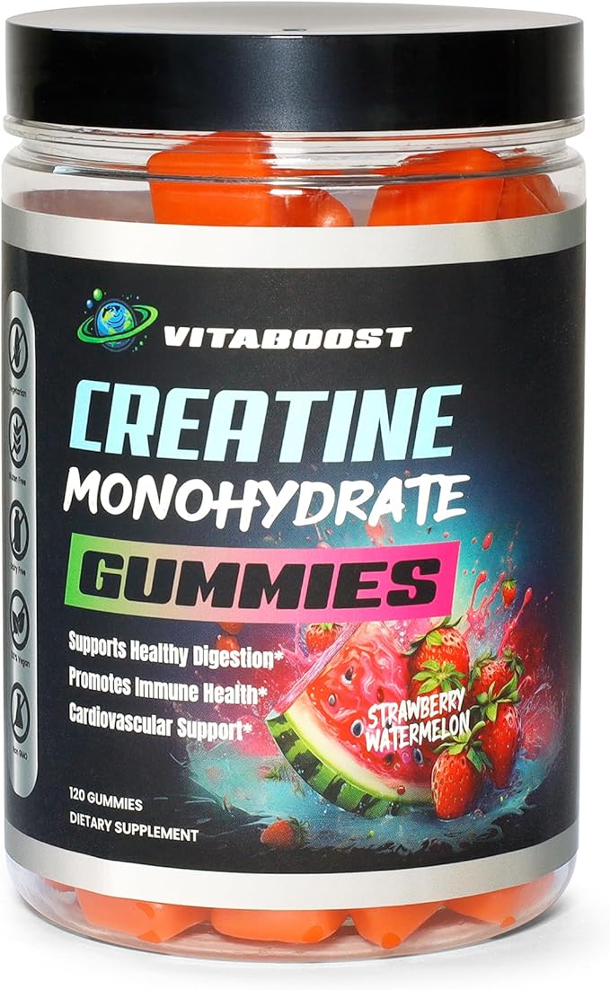 VitaBoost Creatine Gummies 5g- Natural Creatine Monohydrate for Men &amp Women- Delicious Strawberry Watermelon Flavor- Boost Strength Energy &amp Muscle Growth- Vegan Pre Workout Gummies- Made in