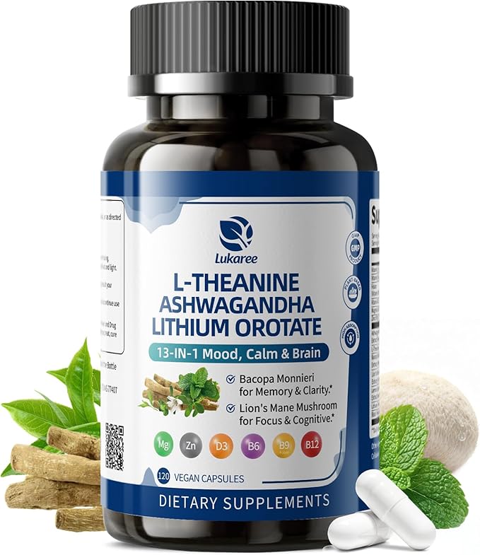 Lithium Orotate 5/10mg L-Theanine 200mg Ashwagandha 300mg - Mood Focus Memory Brain Supplements with Bacopa Monnieri Lion’s Mane Magnesium Zinc D3 B6 Folate B12 - 120 Vegan Capsules 2 Months