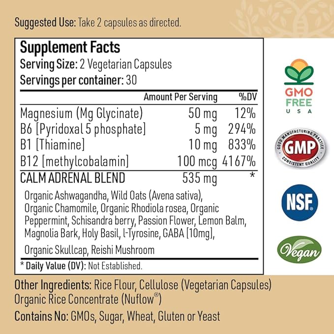 Zen Calm Stress Adrenal Support Supplement Organic Adaptogenic Herbs - Magnesium B Vitamins GABA &amp More to Support a Natural Calm. Non-Drowsy. Non-GMO (60 Veggie Caps)