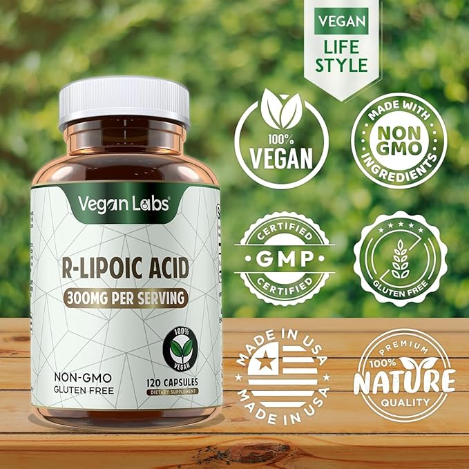Vegan Labs R-Lipoic Acid 300MG 120 Vegan Capsules- Supports Cellular Energy and Antioxidant Protection- Gluten Free Non-GMO Stabilized R-ALA Supplement- 4 Month Supply