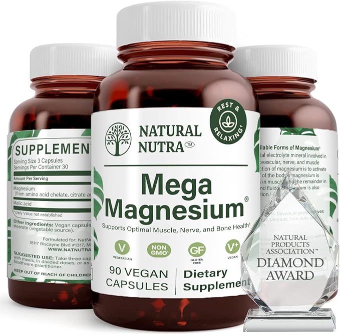Natural Nutra Mega Magnesium 400mg Supplement - High Absorption Amino Acid Chelate Citrate Malate Blend for Muscle Growth Bone Strength Heart Health Nerve Support - 90 Capsules (Pack of 3)
