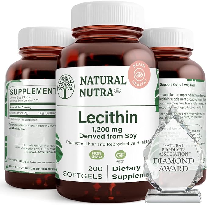 Natural Nutra Soy Lecithin 1200 mg Dietary Supplement - Brain Function Liver Health Improve Procreant Health Boosting Supplement - Gluten-Free BPA-Free 200 Softgels in Recyclable Glass Bottles