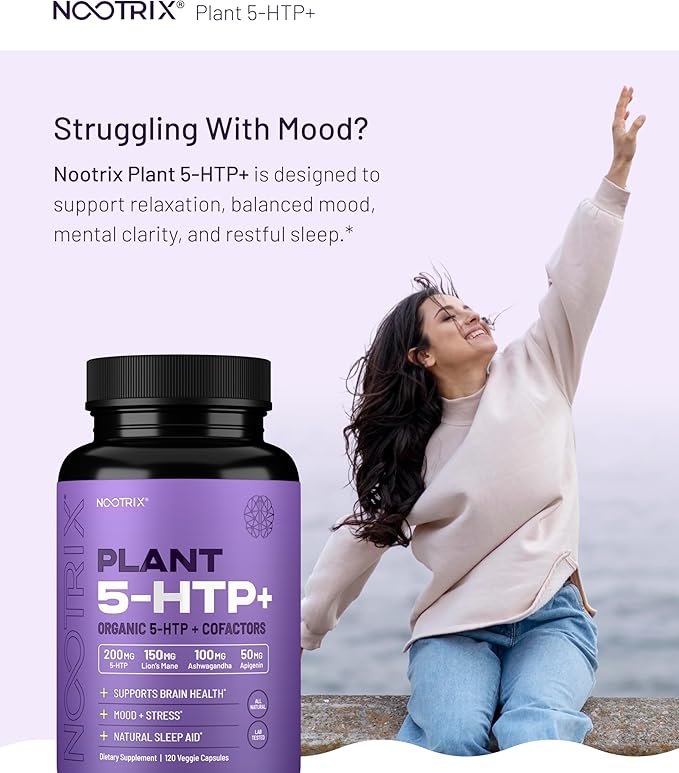 Nootrix Organic Plant 5 HTP+ Supplement | Supports Memory Mental Focus Cognitive Health &amp Energy | Promotes Healthy Mood &amp Brain Function | Vitamin B6 &amp L Theanine | 240 Capsules