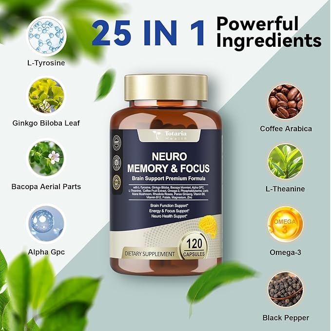 Totaria C-ognitive with Caffeine Pills L-Tyrosine Alpha GPC Ginkgo Biloba Bacopa Monnieri Brain Supplement for Memory and Focus Brain Nootropic Support - Non-GMO Gluten Free (2 Packs)