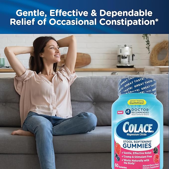 Colace Stool Softener Gummies Gentle Dependable Constipation Relief Magnesium Citrate Gummies No.1 Doctor Recommended Stool Softener Brand Berry Flavored 60ct (Pack of 2)