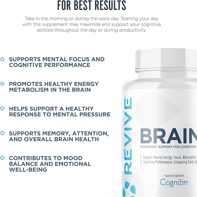 Revive MD Brain Supplement for Memory &amp Focus – Stimulant-Free Nootropic Formula for Cognitive Health with Niacin Vitamins B6 &amp B12 Acetyl-L-Carnitine HCL &amp Alpha-GPC – 150 Capsules (30