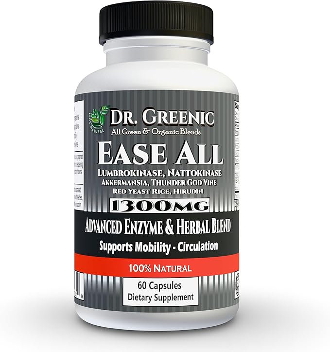 Ease All – Advanced Enzyme &amp Herbal Complex with Lumbrokinase Nattokinase Akkermansia Red Yeast Rice Thunder God Vine &amp Hirudin Pea | Circulation Mobility &amp Balance | 60 Capsules
