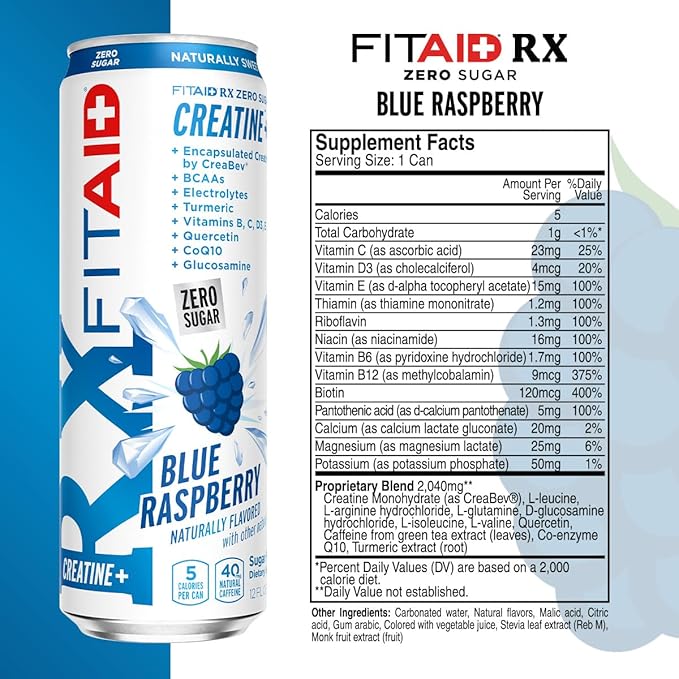 Lifeaid Fitaid Rx + Creatine Drink Blue Raspberry Zero Sugar Vegan Kosher Keto Friendly Gluten Free 12 Fluid Ounce (Pack of 12) - Packaging May Vary