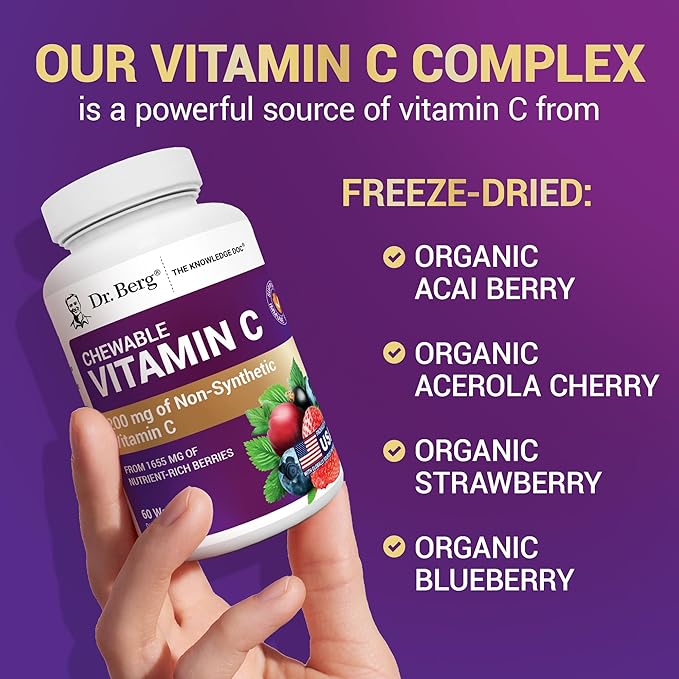 Dr. Berg Chewable Vitamin C Complex - Made with Organic Non-GMO Berries - 60 Delicious Wafers