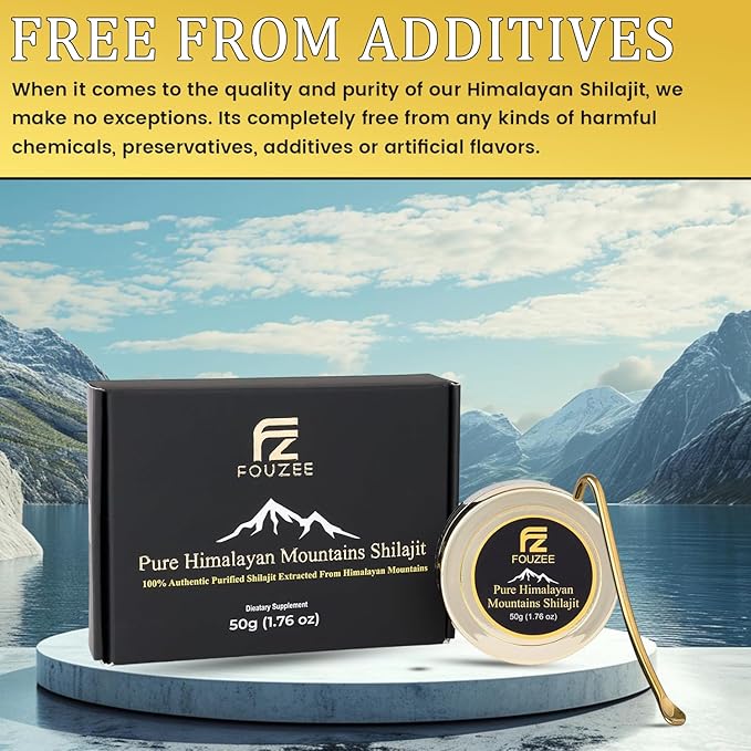 FOUZEE Pure Himalayan Mountains Shilajit - 77% + Fulvic Acid Authentic Hard Consistency Natural Source of Fulvic Acid Over 85 Trace Minerals Includes Stainless Steel Spoon (50 Grams)