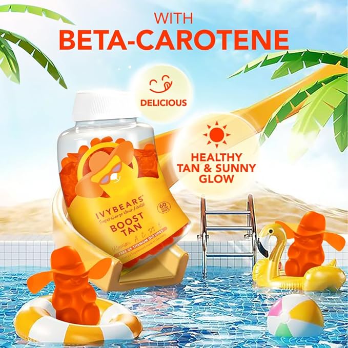 IvyBears Glow Tanning Gummies - Beta Carotene Vitamin A C D2 &amp E - [AI Tanning Specialist ADA] Supports Healthy Tan &amp Glow - Vegan &amp Made in Germany - Pack of 60 - Boost Tan