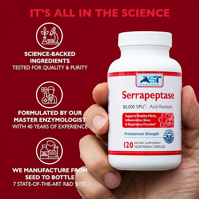 AST Enzymes Serrapeptase 80000 SPU – 300 Vegetarian Capsules - Premium Natural Systemic Enzymes – Acid-Resistant Serrapeptase