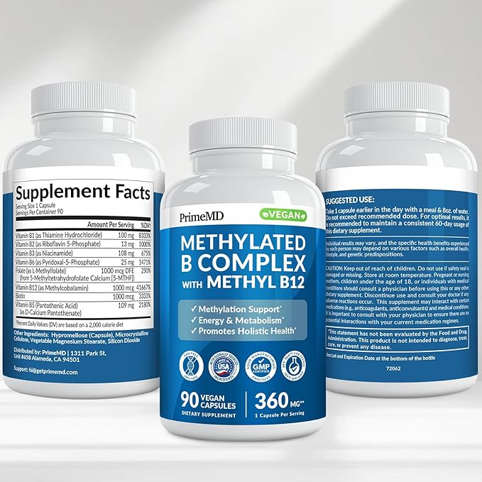 Methylated B Complex with Methylfolate and B12 Methylcobalamin 1000 mcg - Methylated Multivitamin for Energy Brain Function and Wellness - Vitamin B Complex for Men &amp Women (180 Servings Pack o