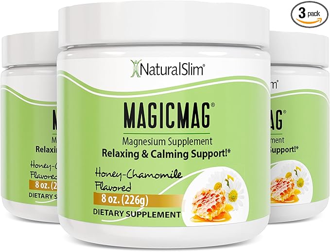 NaturalSlim Magicmag Pure Magnesium Citrate Powder Stress Constipation Muscle Heart Health and Sleep Support | Honey Chamomile Flavored Magnesium Supplement - 8oz Drink Mix (3 Pack)