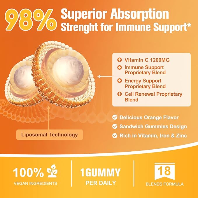 Liposomal Vitamin C Gummies for Adults 1200mg Chewable Vitamin C Supplement with Elderberry Zinc Iron &amp Folate etc - for Immune Support Energy &amp Cell Health Sugar Free Orange Flavor 60 G