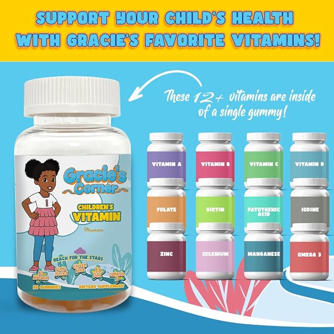 Gracie’s Corner Stars Kids Multivitamin Gummies with Omega 3 - Children’s Vitamins A B C D - Star-Shaped Toddler Multivitamins Plant-Based Gluten-Free Kids Gummy Vitamins 60 Count