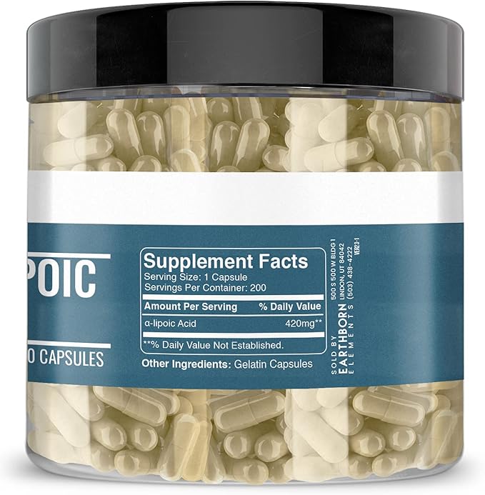 Earthborn Elements Alpha-Lipoic Acid 200 Capsules Pure &amp Undiluted No Additives