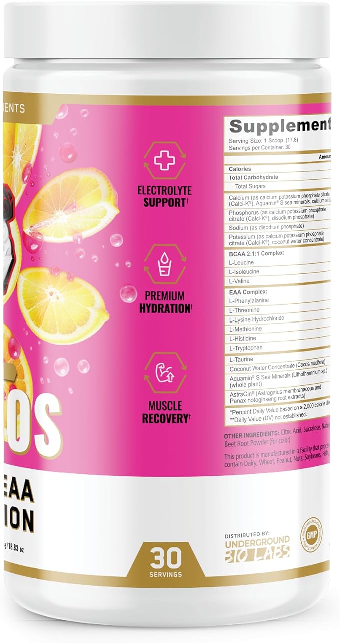 Underground Bio Labs Panda Supps Aminos | BCAA + EAA + Hydration + Eectrolytes for Men and Women with 2G Taurine and 4G EAAs (30 Servings) (Pink Lemonade 3.0)