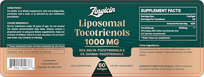 Vitamin E Tocotrienols - Liposomal Vitamin E Oil 1000mg Highly Absorbable Delta Tocotrienol and Gamma Tocotrienol 60 Softgels