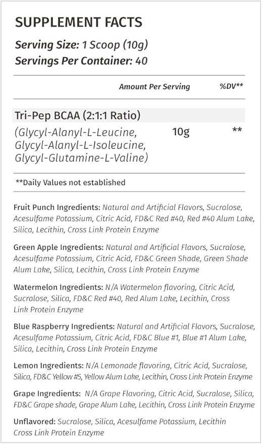 Metabolic Nutrition - TRIPEP - Tri-Peptide Branch Chain Amino Acid BCAA Powder Pre Intra Post Workout Supplement Grape 400 Grams (40 Servings)