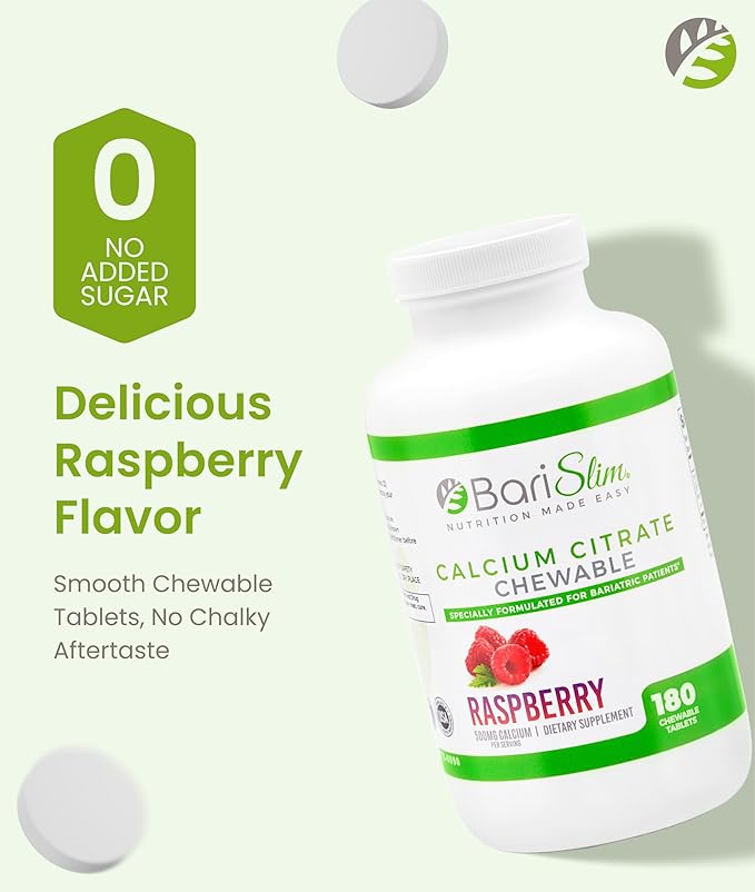 BariSlim Bariatric Calcium Citrate with Magnesium &amp Vitamin D Tabs - 500mg Calcium Citrate - Formulated for Post Weight Loss Surgery - Supports Bone Health | Raspberry Flavor | 180 Tablets