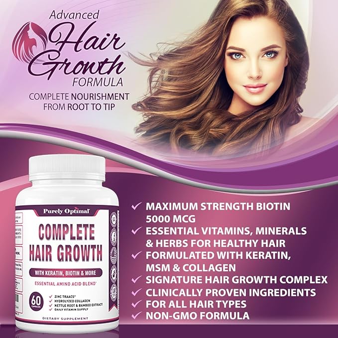 Purely Optimal Hair Growth Vitamins – Supports Thicker Stronger Hair Growth Healthy Skin &amp Nails – Biotin Collagen Keratin – Easy-to-Take Unflavored 60 Capsules