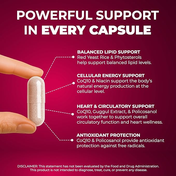 HeartSavior Natural Cholesterol Support Supplement with Red Yeast Rice CoQ10 Plant Sterols &amp Niacin Blend - 7-Ingredient Healthy Formula for Men &amp Women - Made in USA Non-GMO (120 Capsules