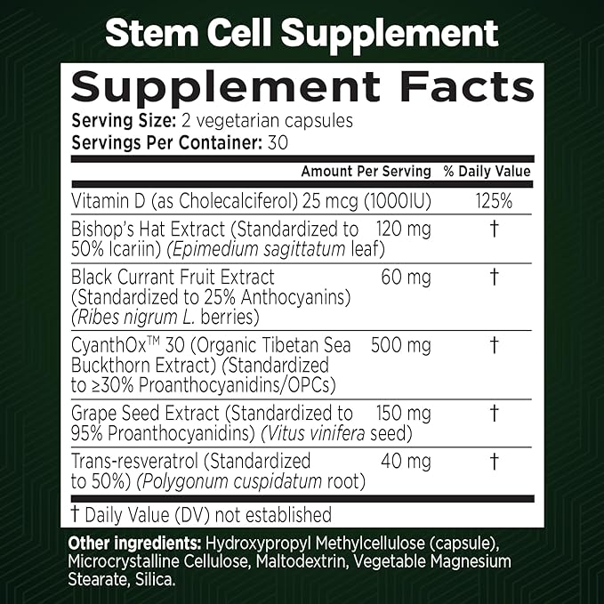 GREEN VALLEY NATURALS Stem Cell Restore – Cellular Health Support Supplement with CYANTHOX™30 Sea Buckthorn Black Currant Grape Seed &amp Resveratrol | Antioxidant &amp Healthy Aging Support | 60