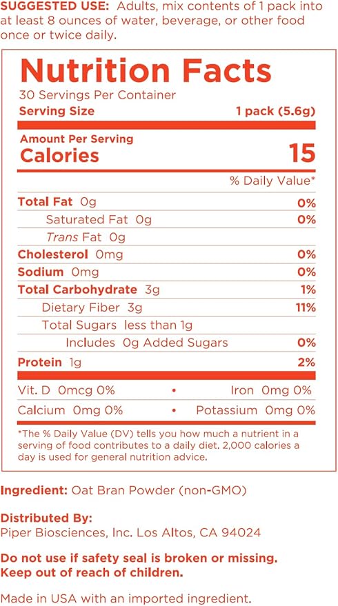 Piper Prebiotic Fiber – Oat Beta-Glucan Powder for Blood Sugar and Cholesterol Support | High Molecular Weight Soluble Fiber | 30 Single-Serve Packets