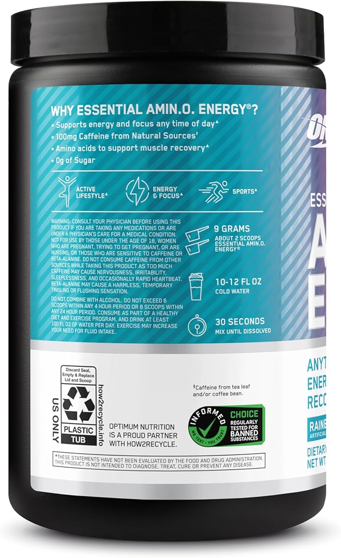 Optimum Nutrition New Flavor Amino Energy - Pre Workout with Green Tea BCAA Amino Acids Keto Friendly Green Coffee Extract Energy Powder - Rainbow Sherbet 30 Servings (Packaging May Vary)