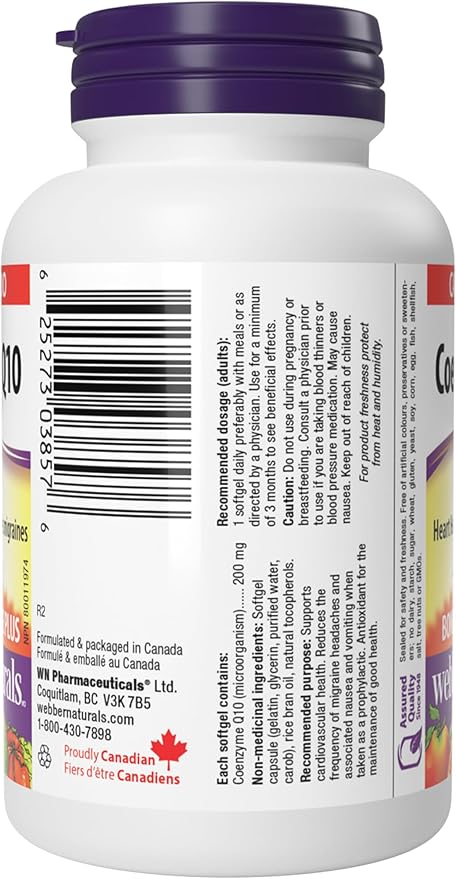 Webber Naturals Coenzyme Q10 (CoQ10) 200 mg 60 Softgels High Potency Antioxidant Supplement for Heart Health and Cellular Energy Production 60 Day Supply Gluten Free