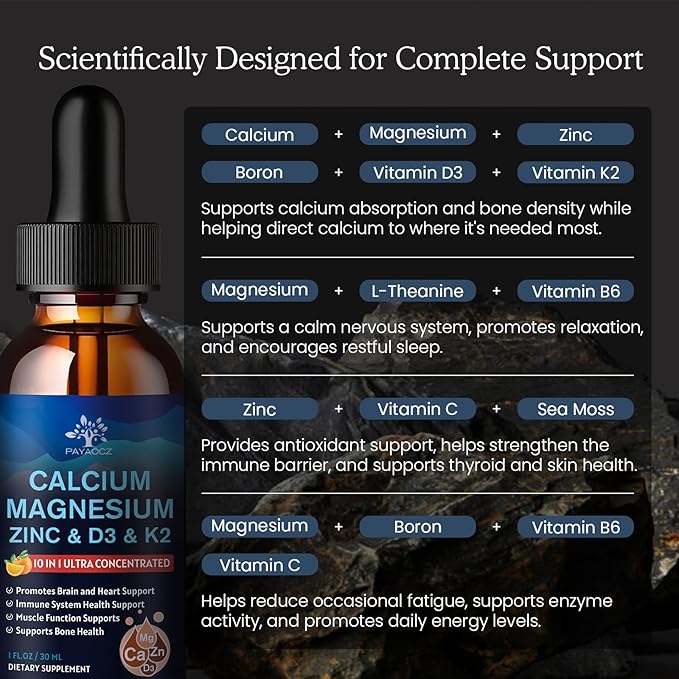 (2 Pack) 10 in 1 Magnesium Calcium Zinc Supplement with Vitamin C D3 K2 Glycinate Mag Vegan Liquid Drops Plus L-Theanine Boron Sea Moss Extract Bone &amp Immune Support Orange Flavor 1 Fl Oz